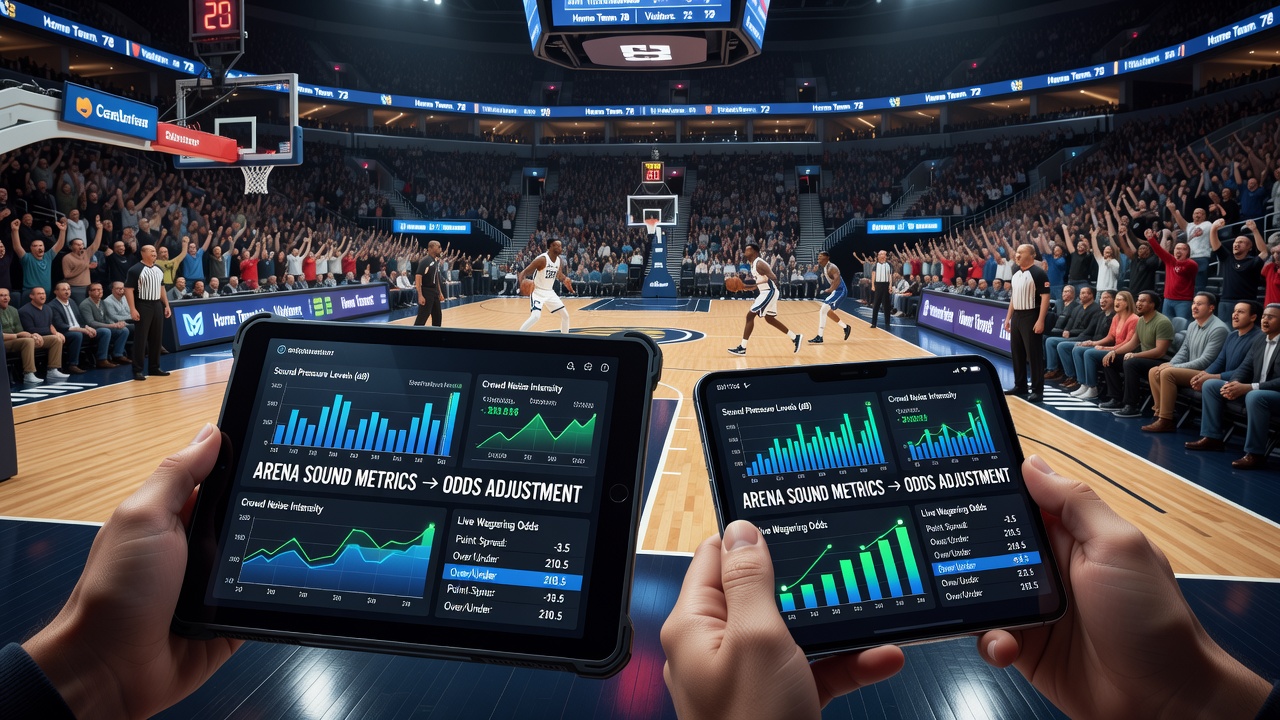 Handheld-Gerät zeigt angepasste Live-Wettquoten während eines Basketball-Spiels mit Arena-Hintergrund