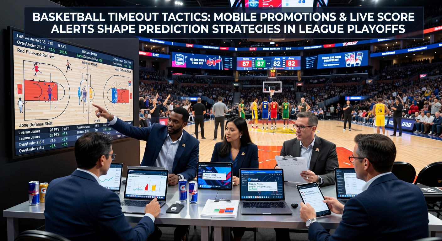 Basketballtrainer ruft Timeout in einem Playoff-Spiel während Live-Score-Alerts auf mobilen Geräten erscheinen
