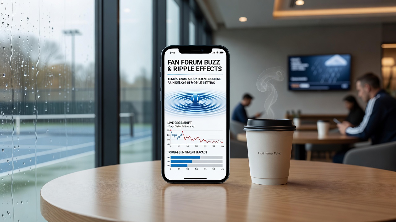 Mobile Wettplattform mit angepassten Tennisquoten während einer Regenpause und Foren-Aktivität