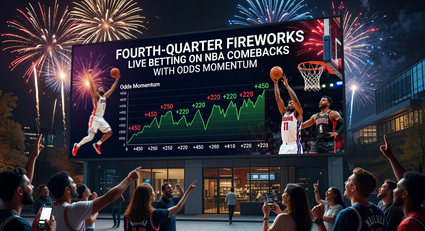 Dramatische NBA-Szene mit Quoten-Änderungen auf einem Wettschirm während eines Comebacks im Vierten Viertel