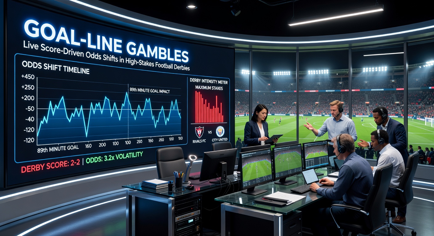 Grafik mit live schwankenden Quotenlinien während eines Tor-Moments in einem Fußball-Derby, inklusive Score-Overlay