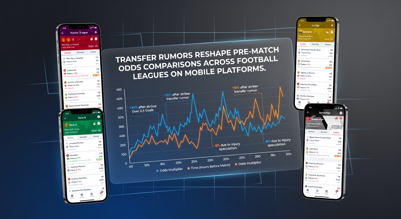 Mobile App zeigt Quotenvergleiche für Fußballspiele mit Transfergerüchten im Hintergrund