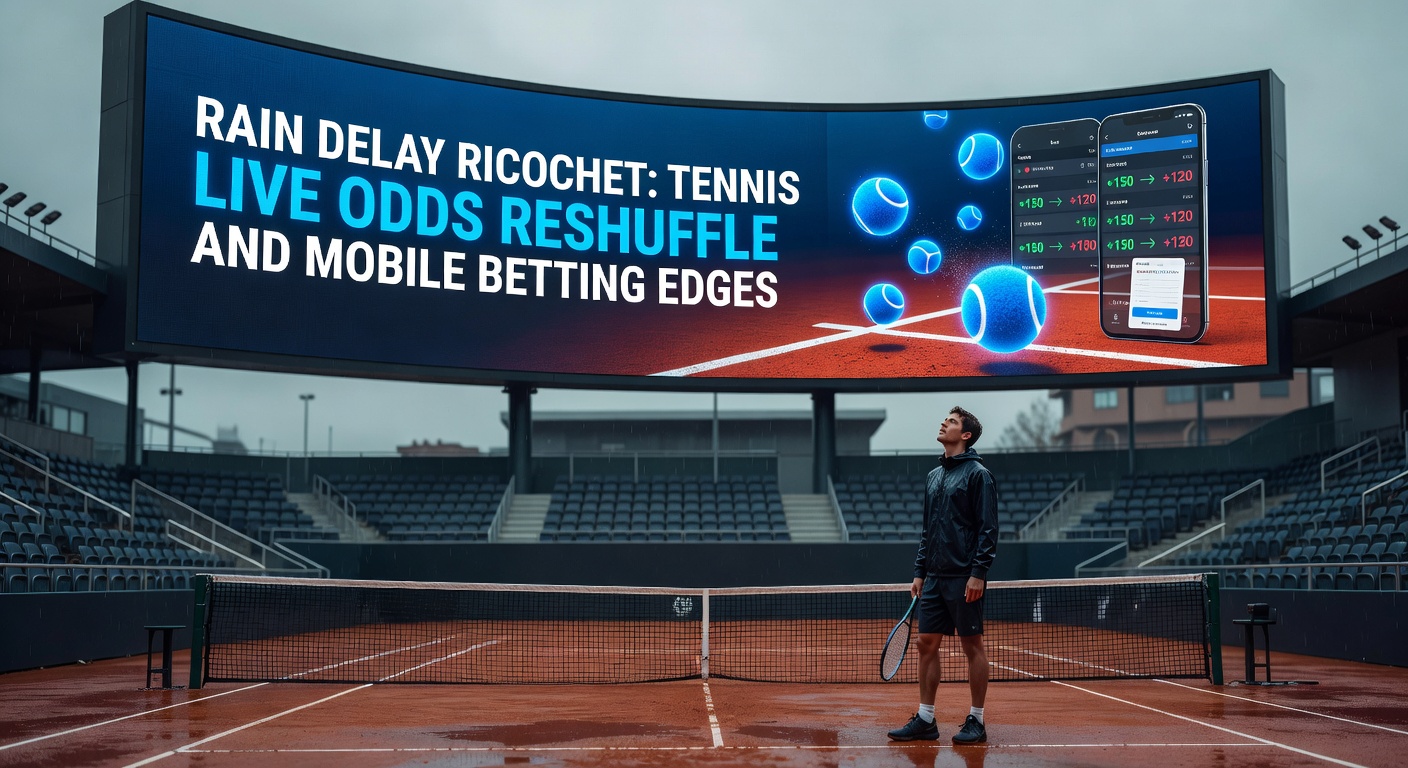 Tennisspieler warten unter Regenschutz während einer Pause auf dem Court, während Buchmacher-Apps im Hintergrund leuchten