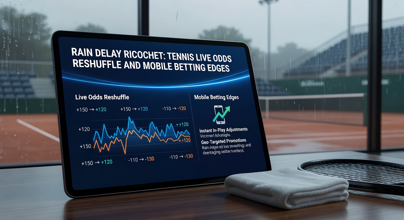 Smartphone mit Tennis-Livequoten-App während eines Regens auf dem Court, Quoten graphs steigen und fallen