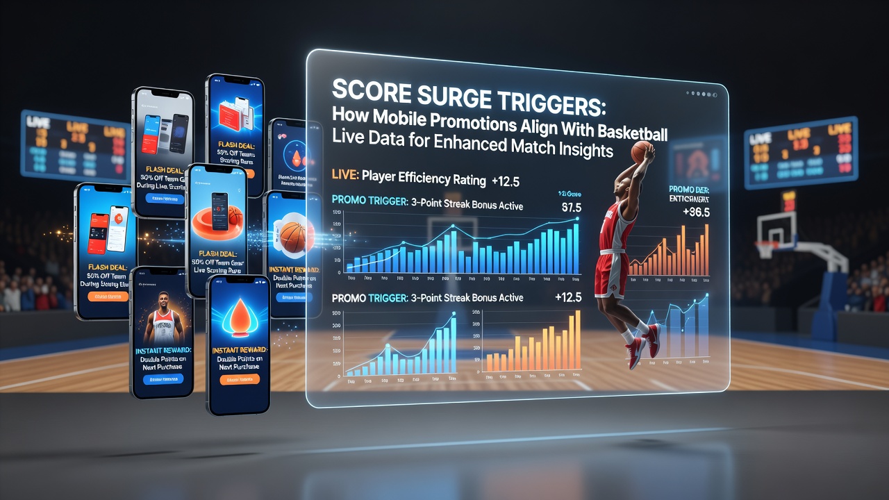 Basketball-Spielszene mit Live-Daten-Overlay und mobilen Promotion-Triggern