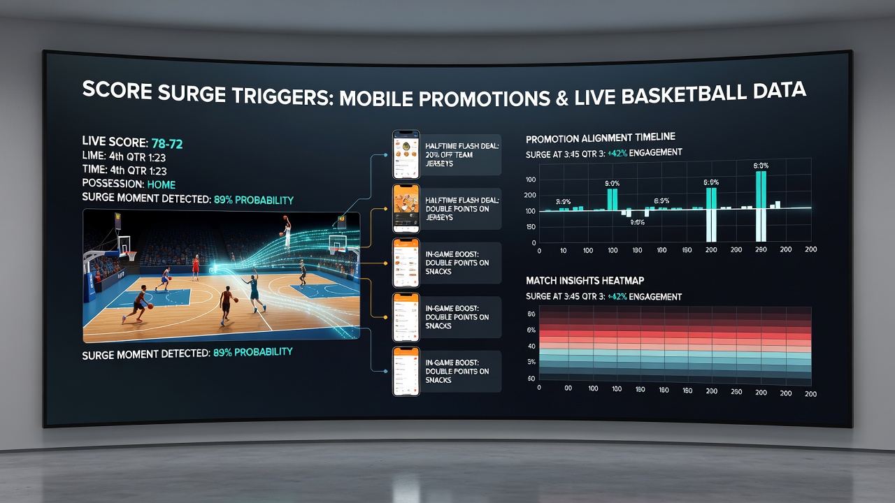 Mobile App-Oberfläche mit Basketball-Live-Statistiken und aktivierten Promotionen während eines Score-Surges