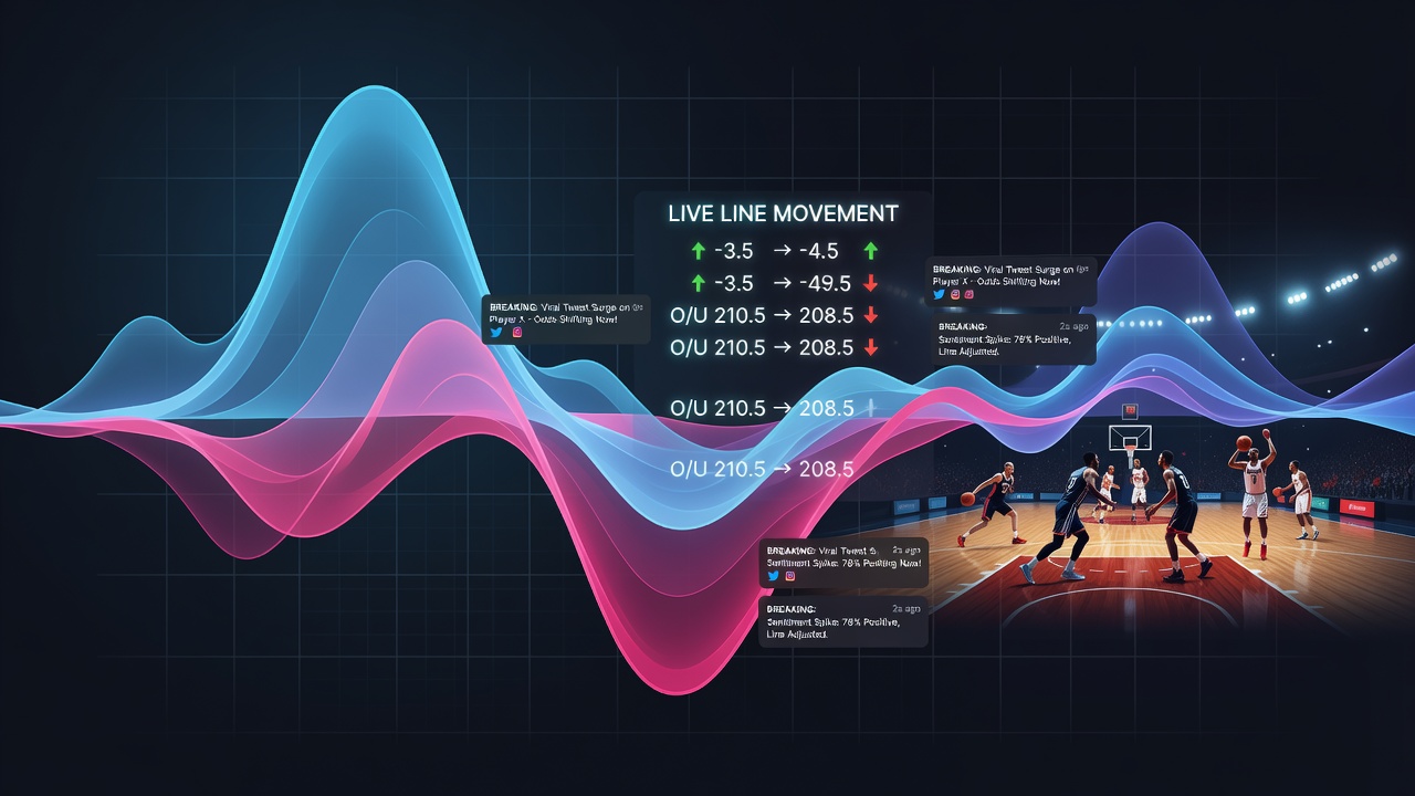 Darstellung von Social-Media-Stimmungswellen und deren Einfluss auf Live-Basketball-Quoten über App-Benachrichtigungen
