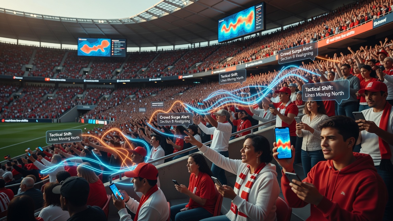 Stadion mit dicht gedrängten Fans während eines Fußballspiels, die durch Jubel und Bewegungen die Atmosphäre prägen